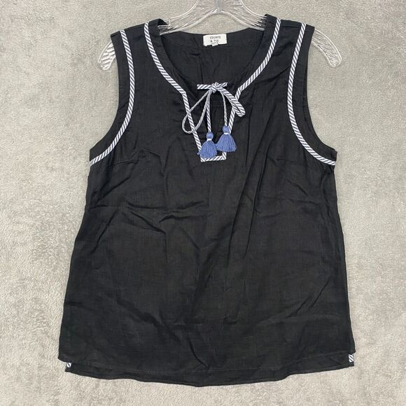 Crown Ivy Womens Shirt Medium Black Blue Linen Popover Tassel Sleeveless Tank - Picture 1 of 8